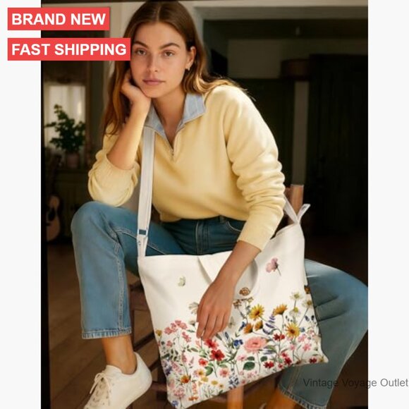 Large Canvas Crossbody Tote Bag with Zipper and Interior Pocket for Work - Picture 3 of 7